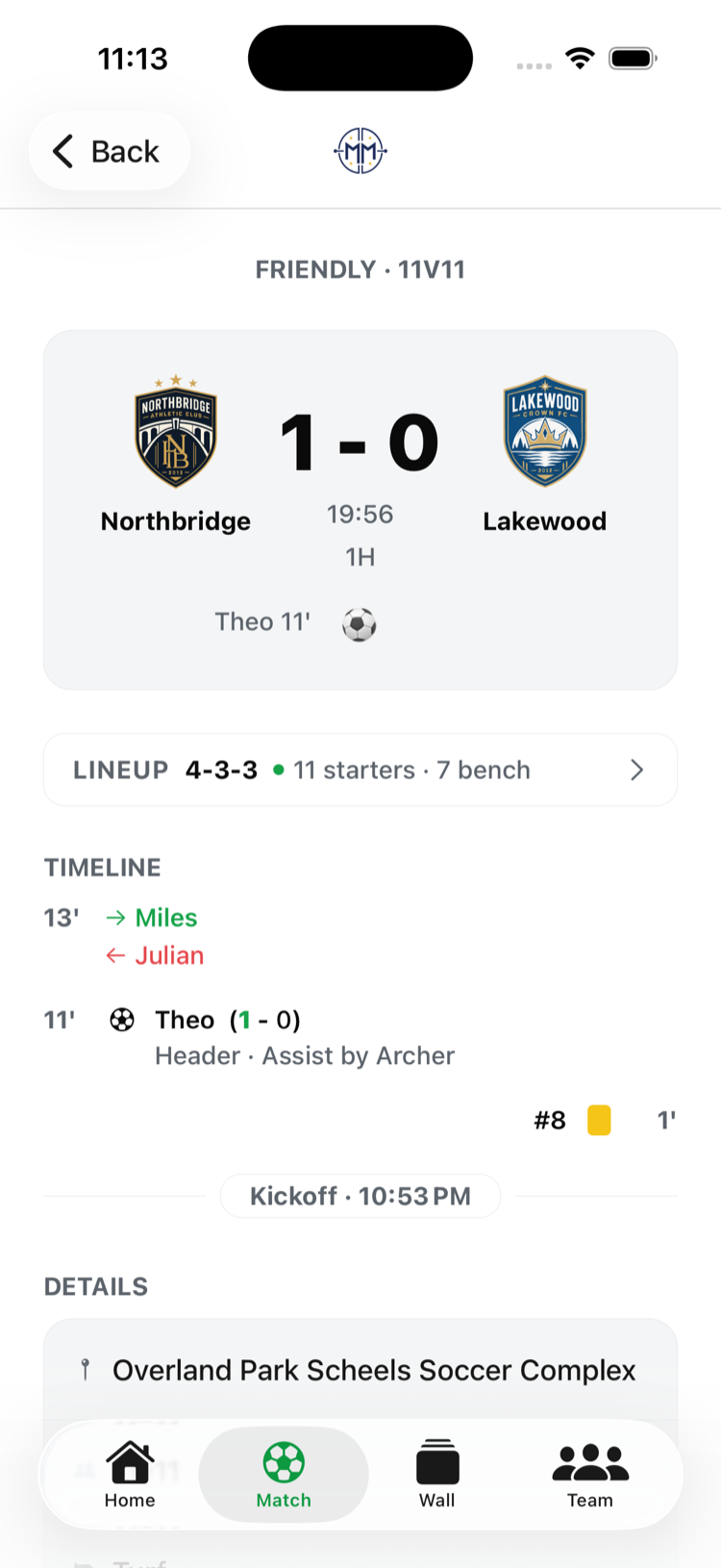 Matchday Manager live match screen: Northbridge 1–0 Lakewood in the first half, with a goal-and-substitution timeline, 4-3-3 lineup, and Home / Match / Wall / Team tabs.