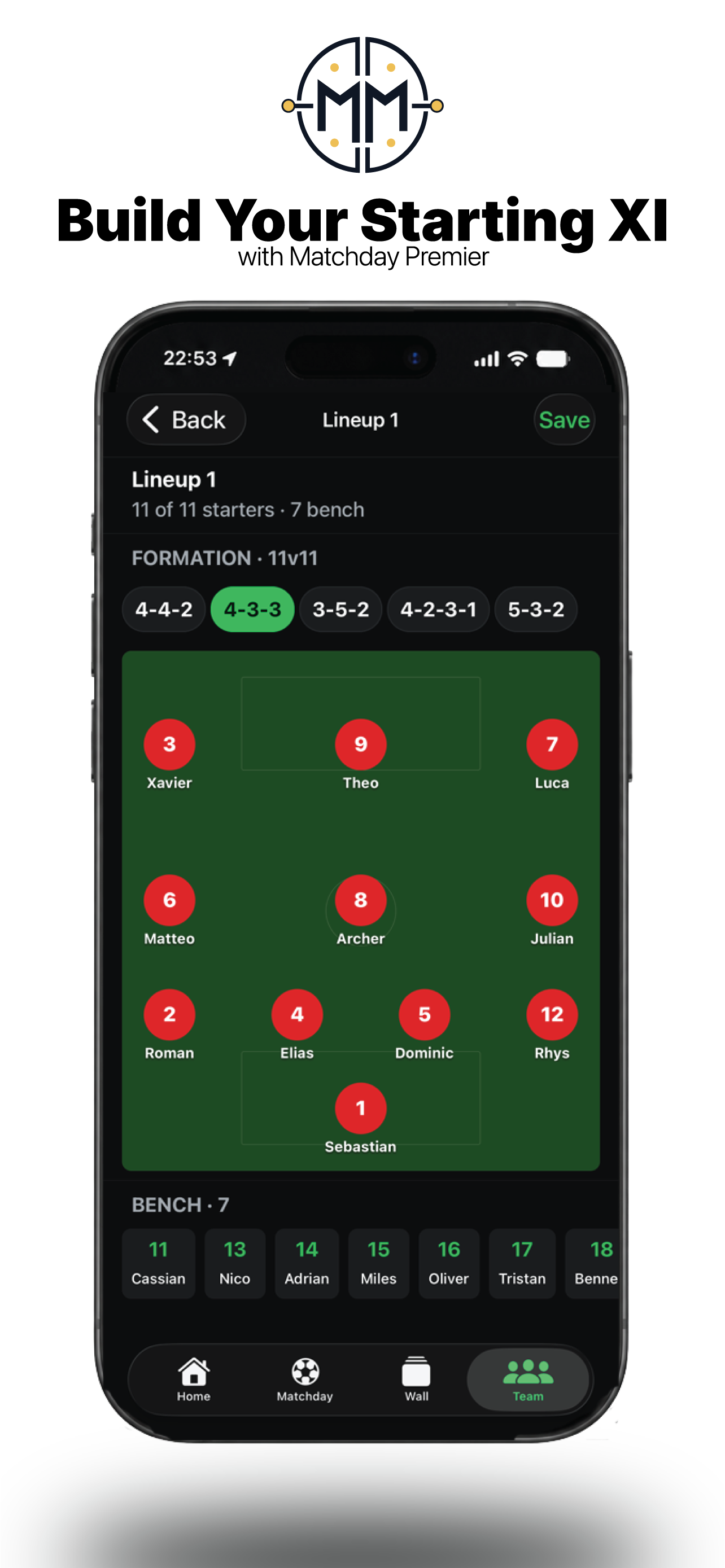Matchday Premier lineup builder showing formation options and players arranged on a soccer pitch.
