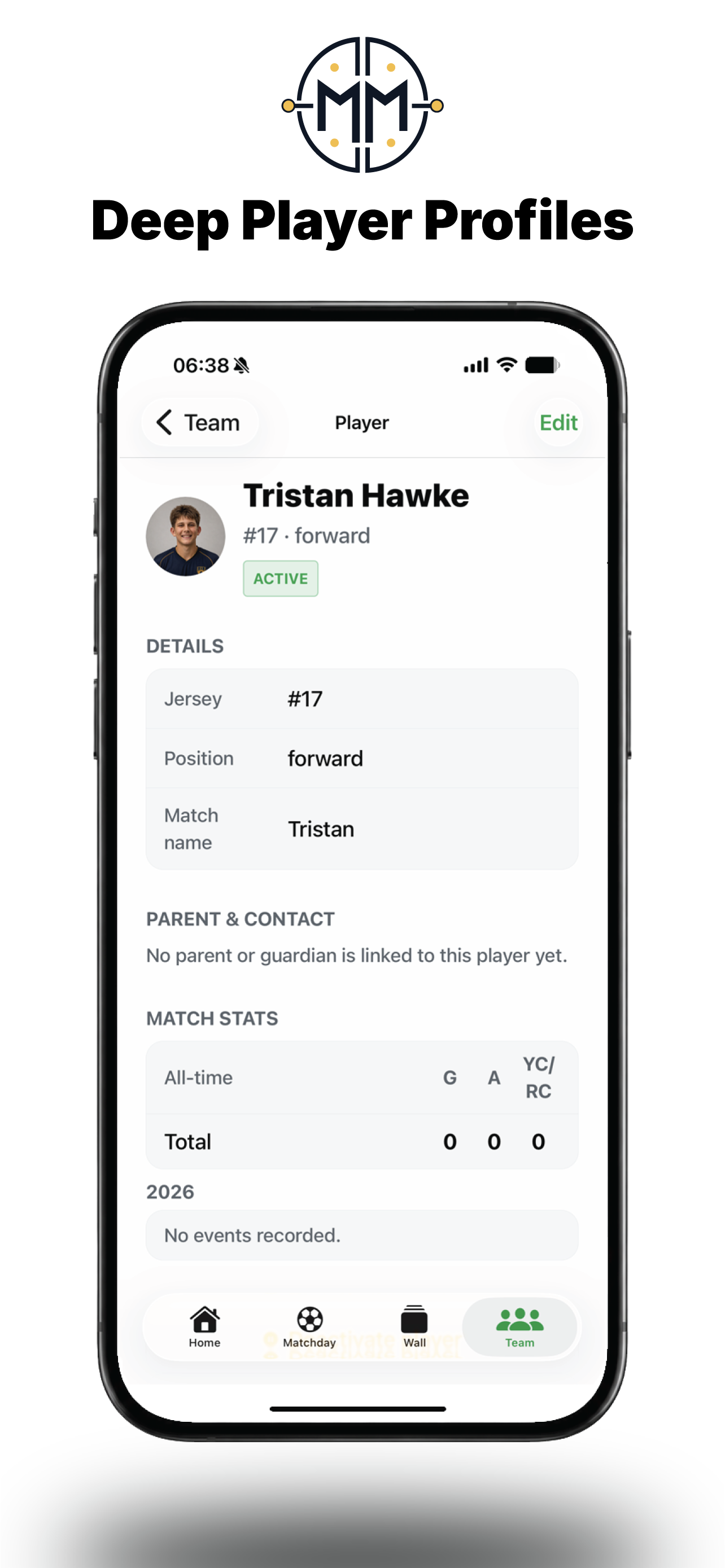 Matchday Manager player profile showing jersey number, position, parent contact, and match stats.