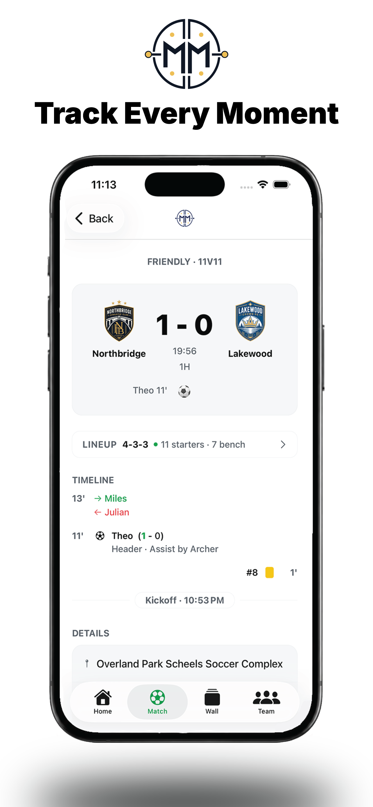 Matchday Manager live match screen showing the score, goal timeline, lineup, and match details.