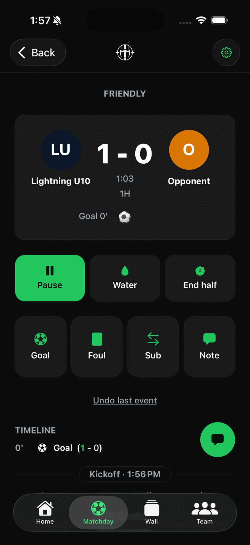 The match tracker during a live match showing 1-0, a running clock, an Undo last event link, and a goal in the timeline.