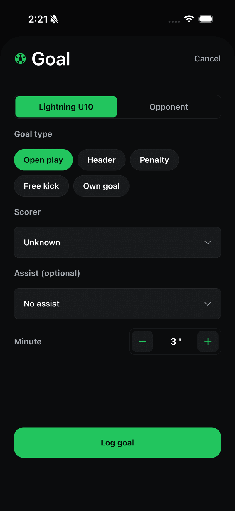 The goal sheet on a Premier team, with goal type options and an unlocked Assist (optional) picker below the scorer.