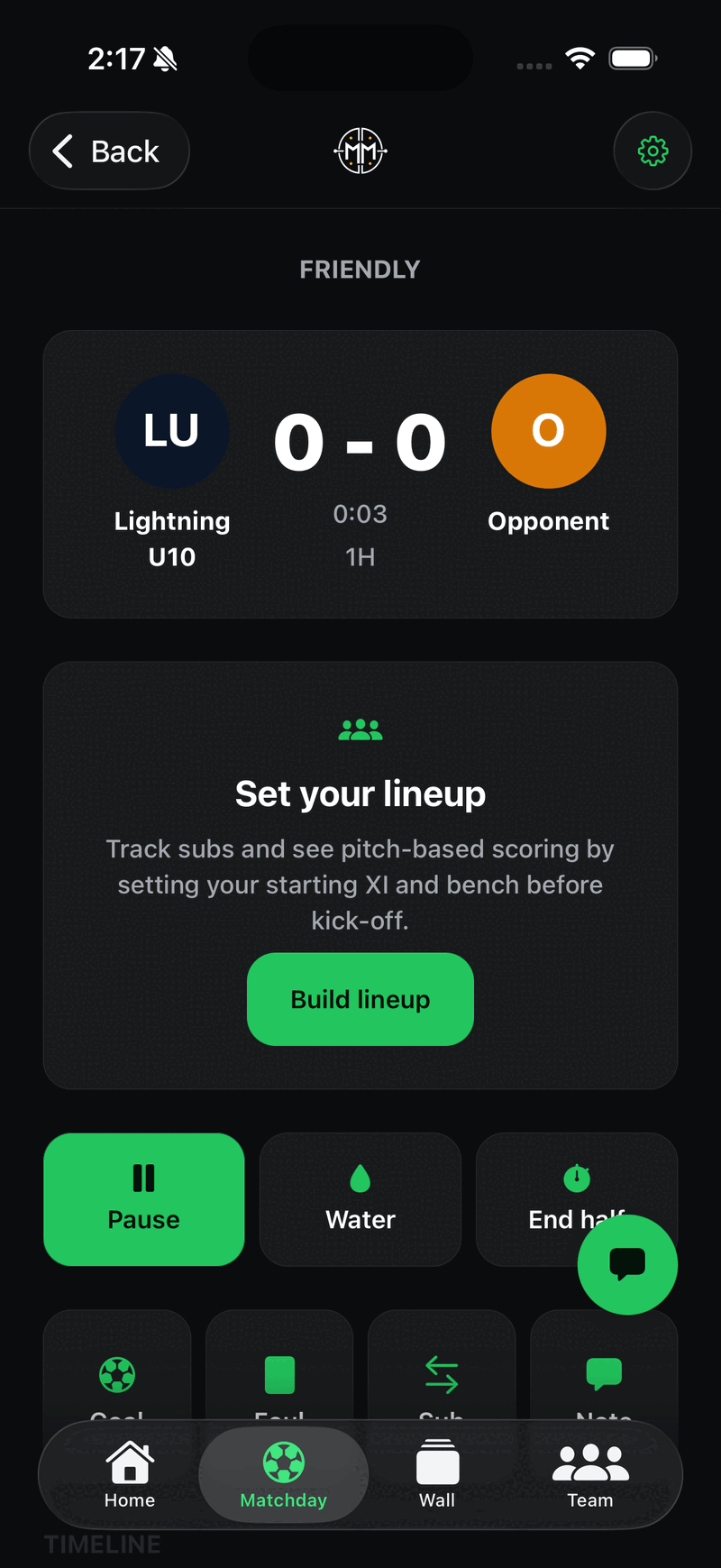 The match tracker on a Premier team, with a Set your lineup card and Build lineup button above the match controls.