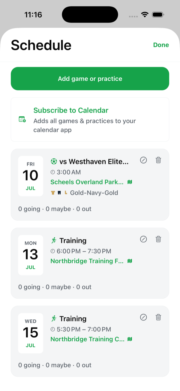 Team schedule: upcoming games and training with RSVP counts and calendar subscription.