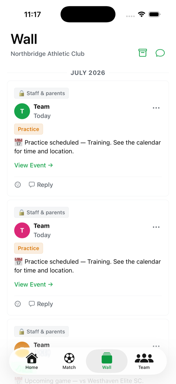 Team wall: announcements and auto-posts for practices and games with reactions and replies.